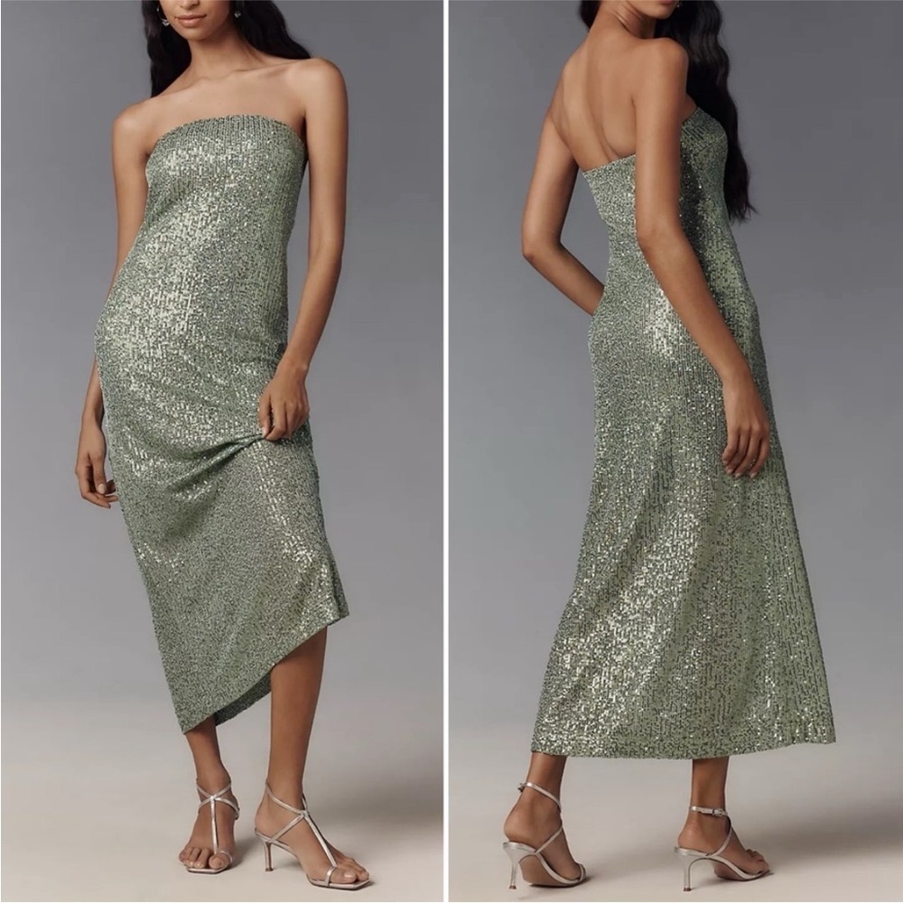 NWT!Anthro Moss Green The Fleur Strapless Satin Maxi Slip Dress: Sequin Edition🏆 - Picture 7 of 10